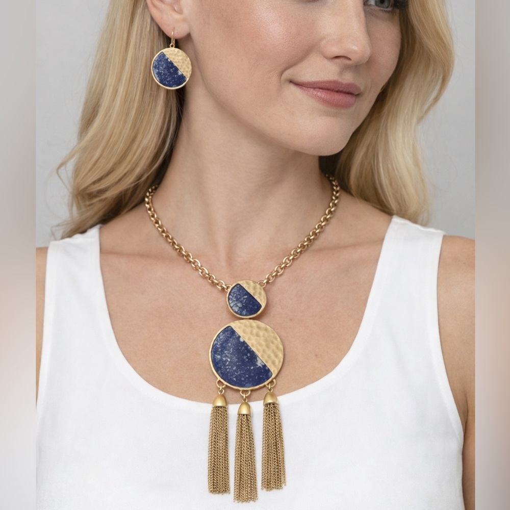 Boho Gold Tone Blue Stone Tassel Necklace & Earring Set (BR1212/1)